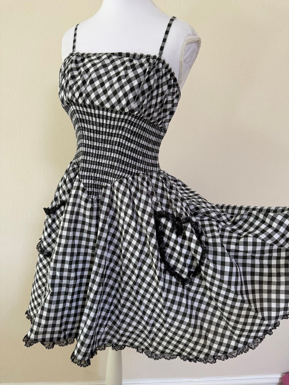 Betsey Johnson Vintage Black White Gingham Smocked Dress Size 6